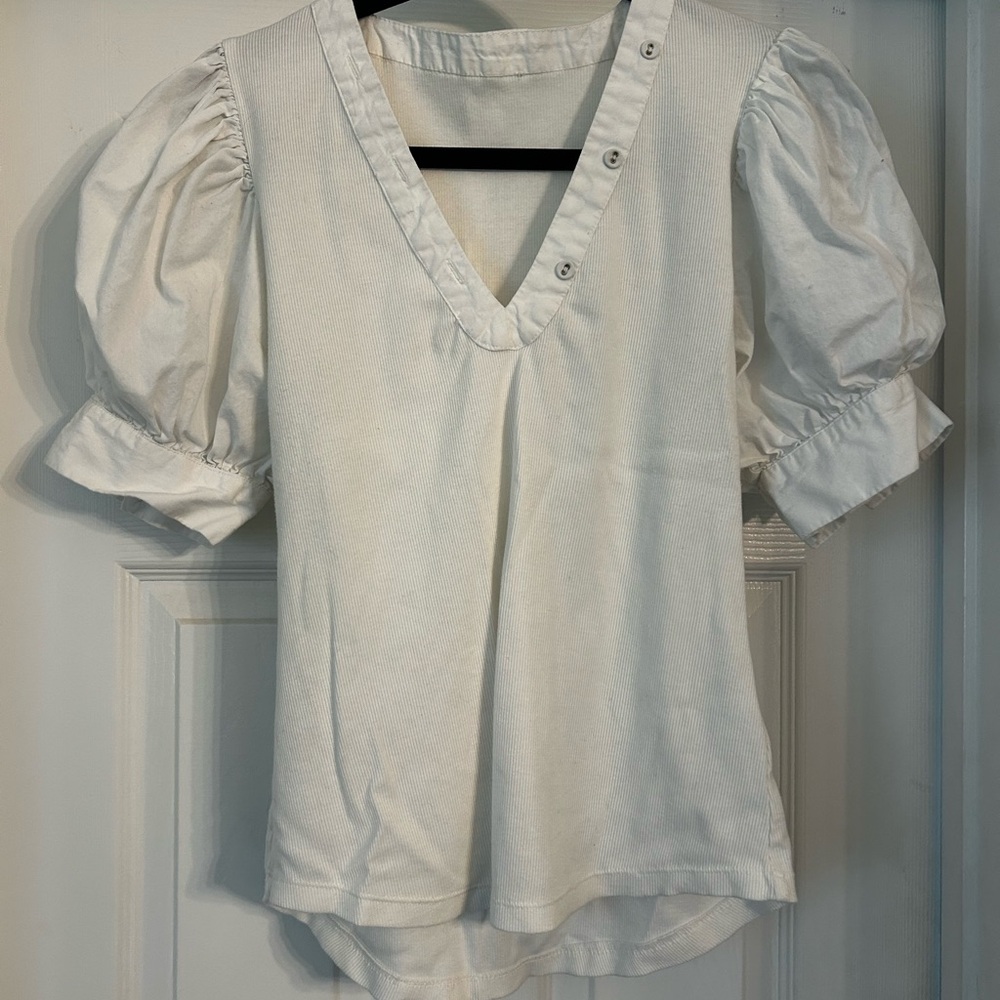 Elegant White V-Neck Blouse with Puff Sleeves